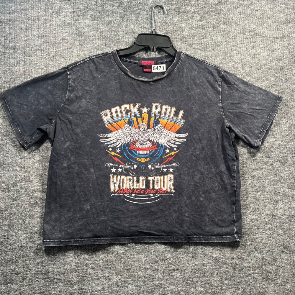 Rock & Roll Denim Womens Gray Acid Wash World Tour Eagle Graphic Tee Large